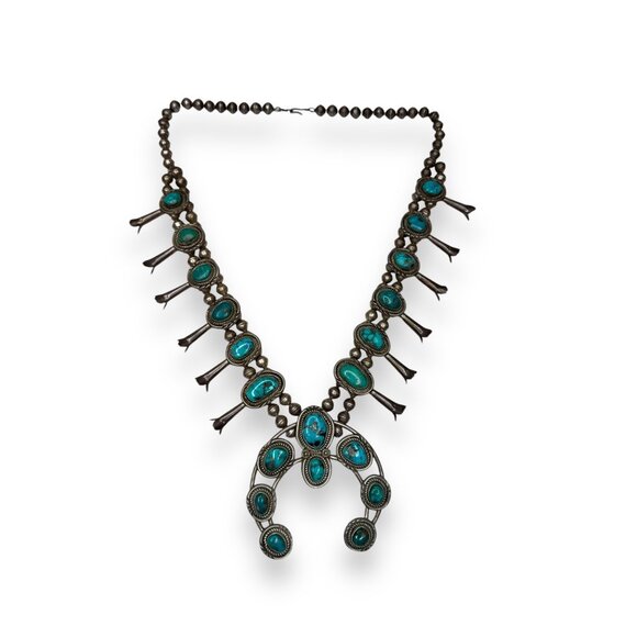 Native American Old Pawn Squash Blossom Necklace 26" Sterling Silver & Turquoise - Picture 2 of 16